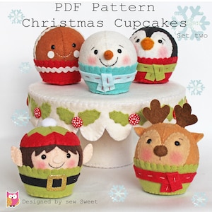 digital pdf sewing pattern tutorial for wool felt hand sewn tree Christmas cupcakes ornaments and fake play food set two