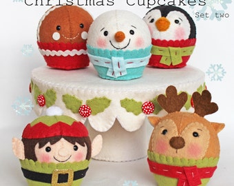 digital pdf sewing pattern tutorial for wool felt hand sewn tree Christmas cupcakes ornaments and fake play food set two