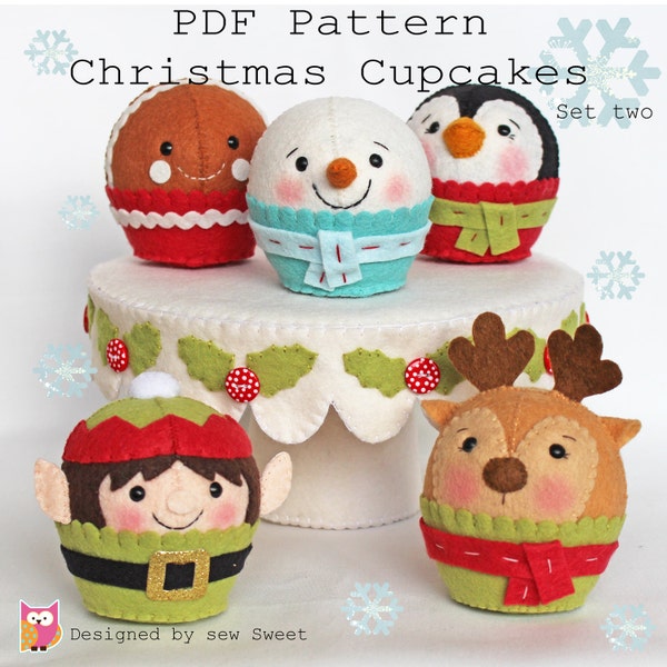 digital pdf sewing pattern tutorial for wool felt hand sewn tree Christmas cupcakes ornaments and fake play food set two