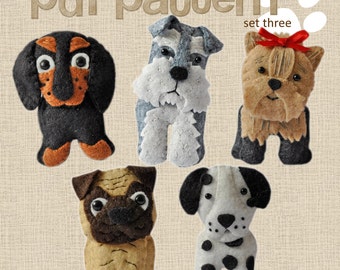 digital pdf sewing pattern tutorial for wool felt hand sewn dogs set 3