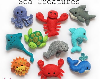 digital pdf sewing pattern tutorial for wool felt hand sewn under the sea creatures set 1