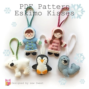 Eskimo Kisses Christmas Ornament decorations - pdf pattern, sewing pattern, diy, tutorial, tree decorations, wool felt, bear, seal, penguin