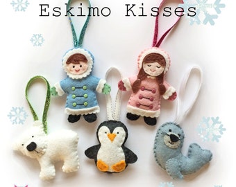 Eskimo Kisses Christmas Ornament decorations - pdf pattern, sewing pattern, diy, tutorial, tree decorations, wool felt, bear, seal, penguin