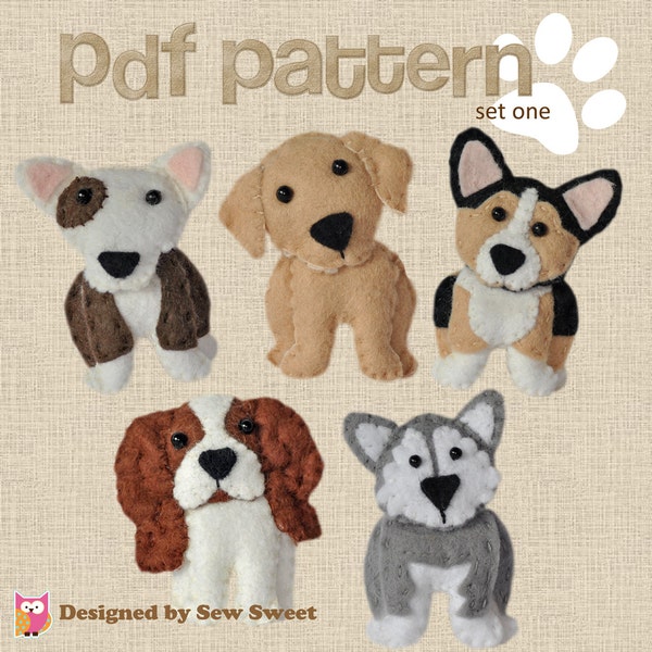 digital pdf sewing pattern tutorial for wool felt hand sewn dog set 1