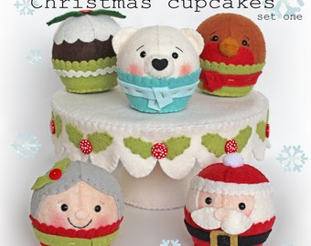 digital pdf sewing pattern tutorial for wool felt hand sewn tree Christmas cupcakes decorations set one