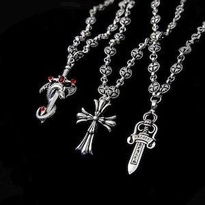 Chrome Style Gothic Necklace, Vintage Cross & Dagger Pendant