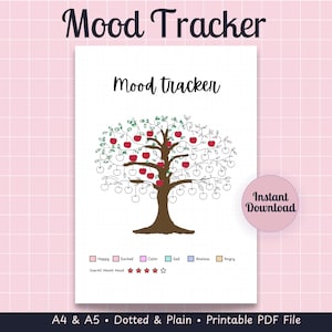Puede incluir: Un rastreador de estado de ánimo imprimible con un diseño de árbol. El árbol tiene cerezas rojas que representan estados de ánimo, con una clave para emociones como feliz y enojado. El texto "Mood Tracker" está en la parte superior. Disponible en A4 y A5.