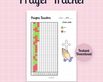Página imprimible de diario de seguimiento de oraciones para un seguimiento diario de oraciones y un año en píxeles / Planificador de fe y diario espiritual