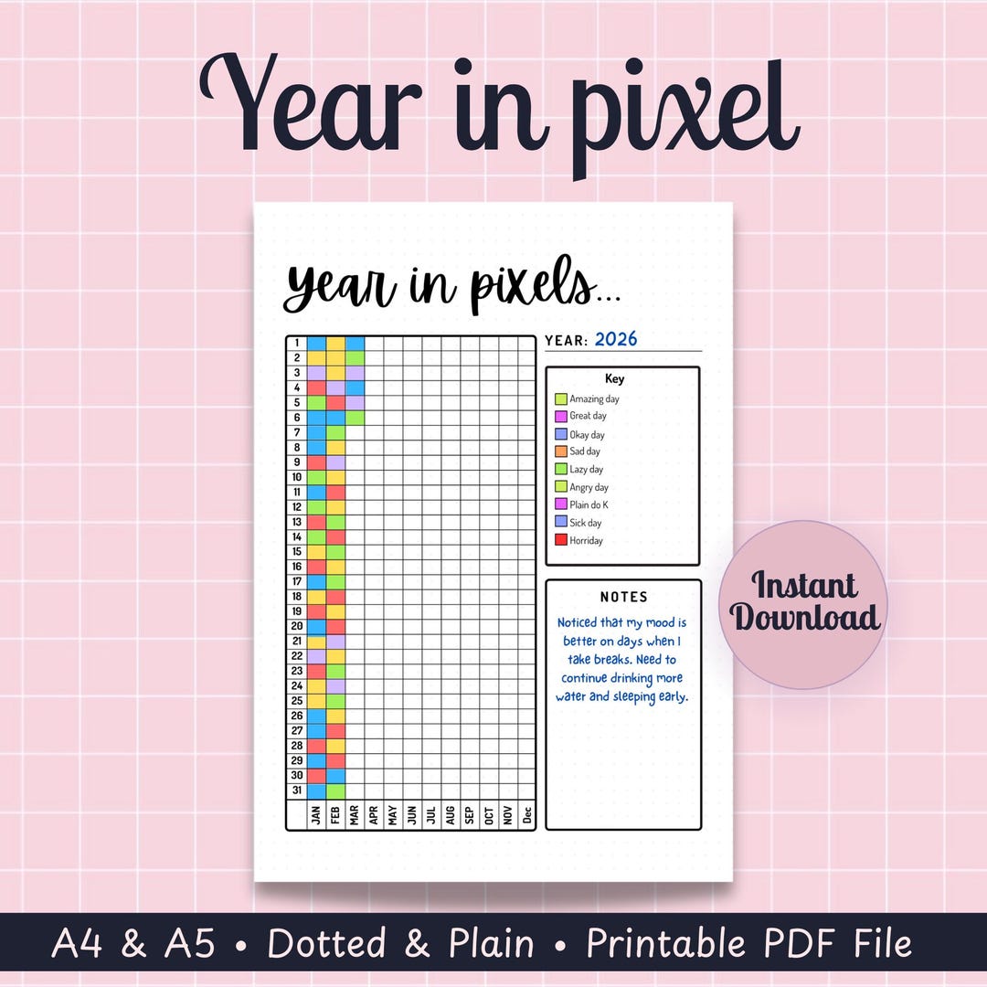Year in Pixels Mood Tracker Printable | Yearly Anxiety & Rate My Day ...