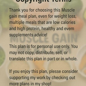 Peut inclure: Un document num&eacute;rique intitul&eacute; &laquo; Introduction et conditions de copyright &raquo; avec du texte sur un plan de repas pour la prise de masse musculaire, la perte de poids, les faibles calories, les prot&eacute;ines et les conseils en suppl&eacute;ments. Le document est &agrave; usage personnel uniquement.