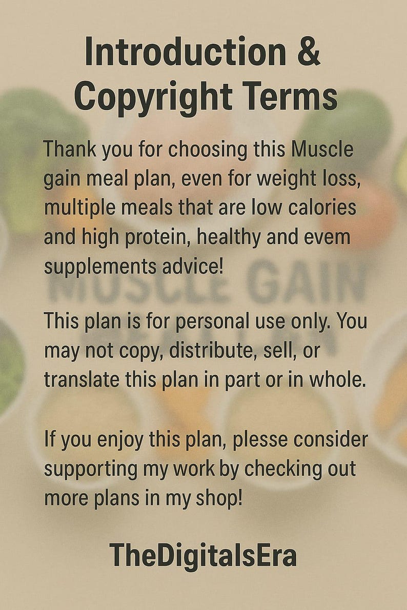 Peut inclure: Un document num&eacute;rique intitul&eacute; &laquo; Introduction et conditions de copyright &raquo; avec du texte sur un plan de repas pour la prise de masse musculaire, la perte de poids, les faibles calories, les prot&eacute;ines et les conseils en suppl&eacute;ments. Le document est &agrave; usage personnel uniquement.