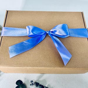 May include: A brown cardboard gift box tied with a light blue satin ribbon and bow. The box is rectangular and closed. The ribbon is wrapped around the box and tied in a bow on top.