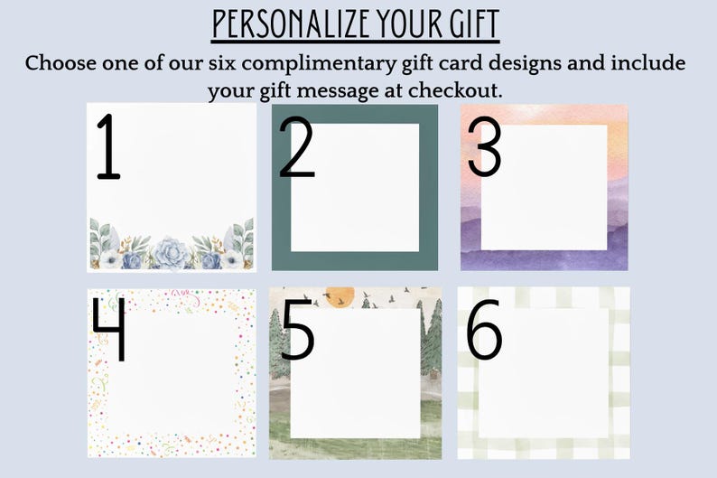 Puede incluir: Seis dise&ntilde;os de tarjetas de regalo cuadradas numeradas del uno al seis. El dise&ntilde;o uno tiene flores azules, el dos un borde verde azulado, el tres un fondo de acuarela morado, el cuatro confeti, el cinco un paisaje forestal y el seis un patr&oacute;n de cuadros verde claro.