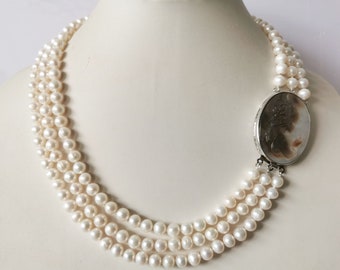 Beautiful Multi-strand White Freshwater Pearl Necklace with Shell Cameo Clasp