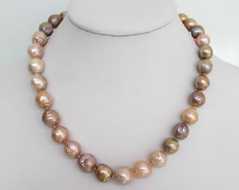 Beautiful Pink Lavender Golden Purple Kasumi-like Winkled Pearl Necklace