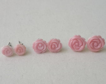 Beautiful Queen Conch Pink Shell Carved Rose Flower Stud Earrings 8/10/12mm