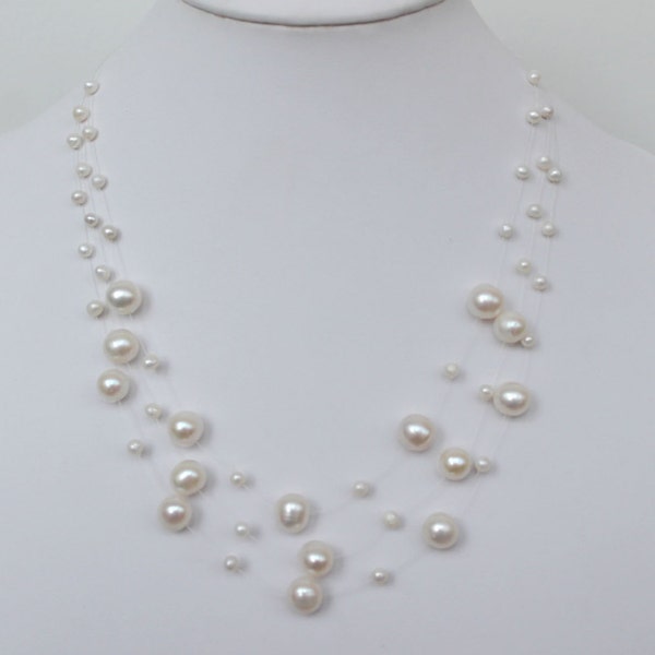 Beautiful Multistrand White Freshwater Pearl Illusion Necklace