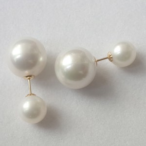 Genuine White Edison Double-Sided Pearl Stud Earrings with 18K Yellow Gold Earring Post