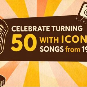 May include: Retro-themed graphic with a microphone, cassette tape, and text that reads "Celebrate Turning 50 with Iconic Songs from 1976!" The background features a radial design in orange and yellow.
