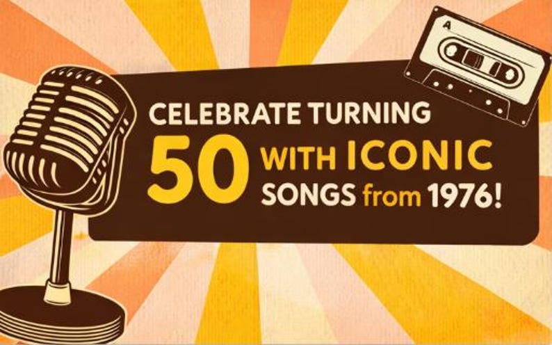 May include: Retro-themed graphic with a microphone, cassette tape, and text that reads "Celebrate Turning 50 with Iconic Songs from 1976!" The background features a radial design in orange and yellow.