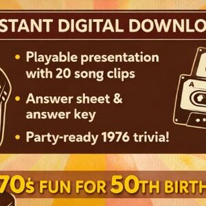 May include: A retro-themed digital download graphic with a microphone and cassette tapes. Text reads "Instant Digital Download" and "1970s Fun for 50th Birthdays!" Includes a playable presentation with song clips, an answer sheet, and trivia.