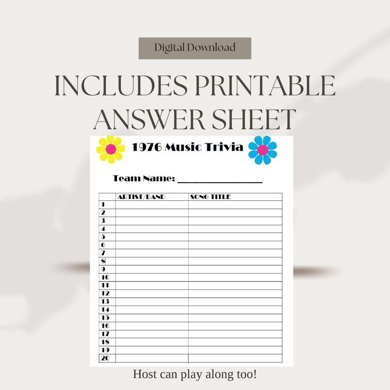 May include: Printable 1976 Music Trivia answer sheet with a floral design. The sheet includes spaces for team names, artist/band, and song titles. The text "Digital Download" and "Includes Printable Answer Sheet" are also present.