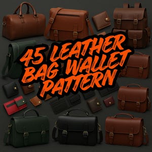 Puede incluir: Una variedad de bolsos y carteras de cuero en tonos marrones, negros y verdes. La imagen incluye bolsos de mano, bandoleras, mochilas y carteras. El texto en la imagen dice "45 LEATHER BAG WALLET PATTERN."