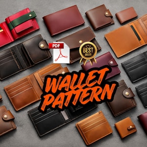 Könnte beinhalten: Eine Auswahl an Ledergeldbörsen in Braun-, Schwarz-, Rot- und Burgundertönen. Einige Geldbörsen sind geöffnet und zeigen Kartenfächer und Fächer. Das Bild enthält ein "Best Seller"-Abzeichen und einen "Wallet Pattern"-Text.
