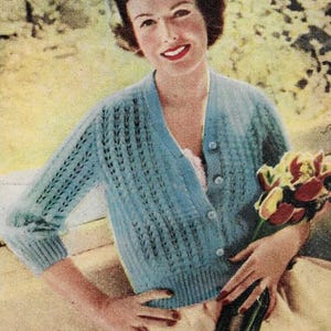 Vintage 1960s Women's Lace Panel Bedjacket Knitting Pattern PDF | V-Neck Cardigan | 38" Bust | Instant Download