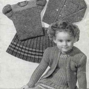 Vintage 50er Jahre Mädchen Pulli Kilt & Cardigan Strickmuster PDF | Dreiteiliges Set | Alter 2–3 Jahre | Sofort Download