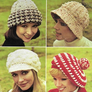 May include: Four different knitted hats in various styles and colours. The hats include a beige and brown beanie, a beige cloche hat with a brim, a white newsboy cap, and a red and white beret with a pom-pom.