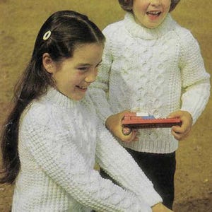 Vintage 80s Children's Aran Sweater Knitting Pattern PDF | Cable Bobble Turtleneck | 22-28" Chest | Instant Download