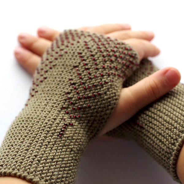 Cozy light khaki pure merino wool fingerless gloves, wrist warmers - READY to ship