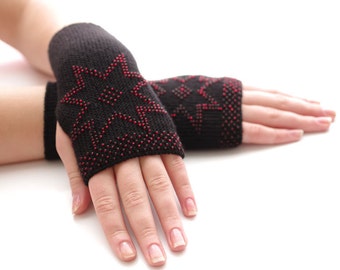 Soft PURE merino wool beaded fingerless gloves, fingerless mittens, wrist warmers in black with red beads and a star motif - READY to ship