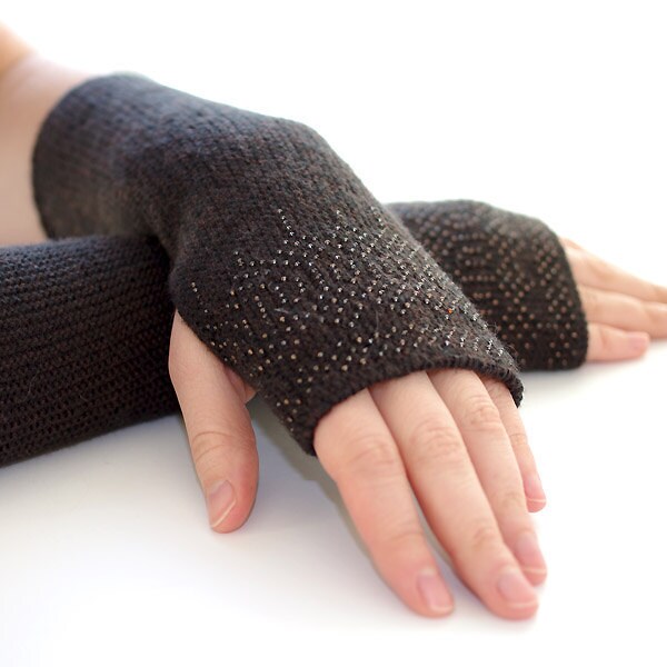 Soft long pure merino wool beaded fingerless gloves in dark brown with beautiful brown glass beads