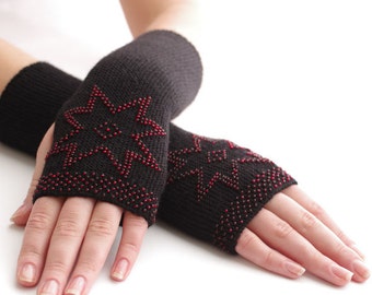 Soft long PURE merino wool beaded fingerless gloves/wrist warmers in black with red beads and a star motif - READY to ship