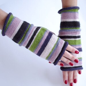 Very cozy hand knitted merino wool and polyamide blend striped  fingerless gloves/wrist warmers  - READY to ship