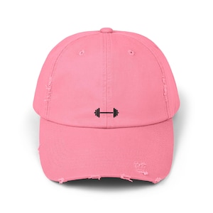 Distressed dumbbell Gym Cap- Embroidered Dumbbell Unisex Hat Weightlifters Retro Hat Workout Cap Gym Enthusiast