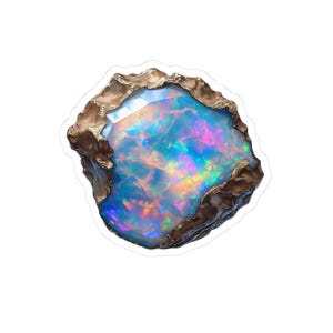 May include: A sticker featuring a vibrant opal gemstone. The opal displays a spectrum of colors, including blues, pinks, and yellows, encased in a rough, textured, brown border. The gemstone is the focal point, showcasing its iridescent qualities.