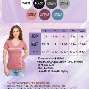 May include: A woman's V-neck shirt color and size chart. The chart includes colors like white, black, and heather gray. Measurements are in inches, with body lengths from 26 to 28 inches and bust sizes from 18 1/4 to 23 3/4 inches.