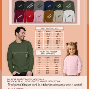 Puede incluir: Tabla de colores y tallas para sudaderas de adulto, joven y ni&ntilde;o peque&ntilde;o. Incluye una paleta de colores y medidas de tallas en pulgadas. La tabla muestra el ancho y largo de las sudaderas, con tallas que van de la S a la 4XL para adultos y de la YS a la 5T para j&oacute;venes.