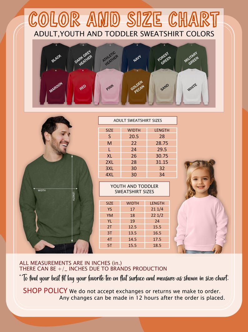 Puede incluir: Tabla de colores y tallas para sudaderas de adulto, joven y ni&ntilde;o peque&ntilde;o. Incluye una paleta de colores y medidas de tallas en pulgadas. La tabla muestra el ancho y largo de las sudaderas, con tallas que van de la S a la 4XL para adultos y de la YS a la 5T para j&oacute;venes.