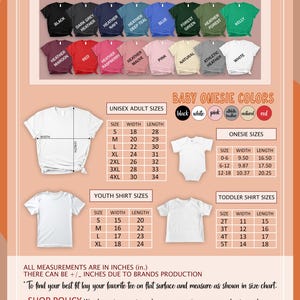 Puede incluir: Tabla de colores y tallas para camisetas unisex para adultos, j&oacute;venes y ni&ntilde;os peque&ntilde;os. Incluye tablas de tallas para adultos, j&oacute;venes y bodies para beb&eacute;s. Los colores de las camisetas incluyen negro, azul marino, rojo y rosa. Las medidas est&aacute;n en pulgadas.