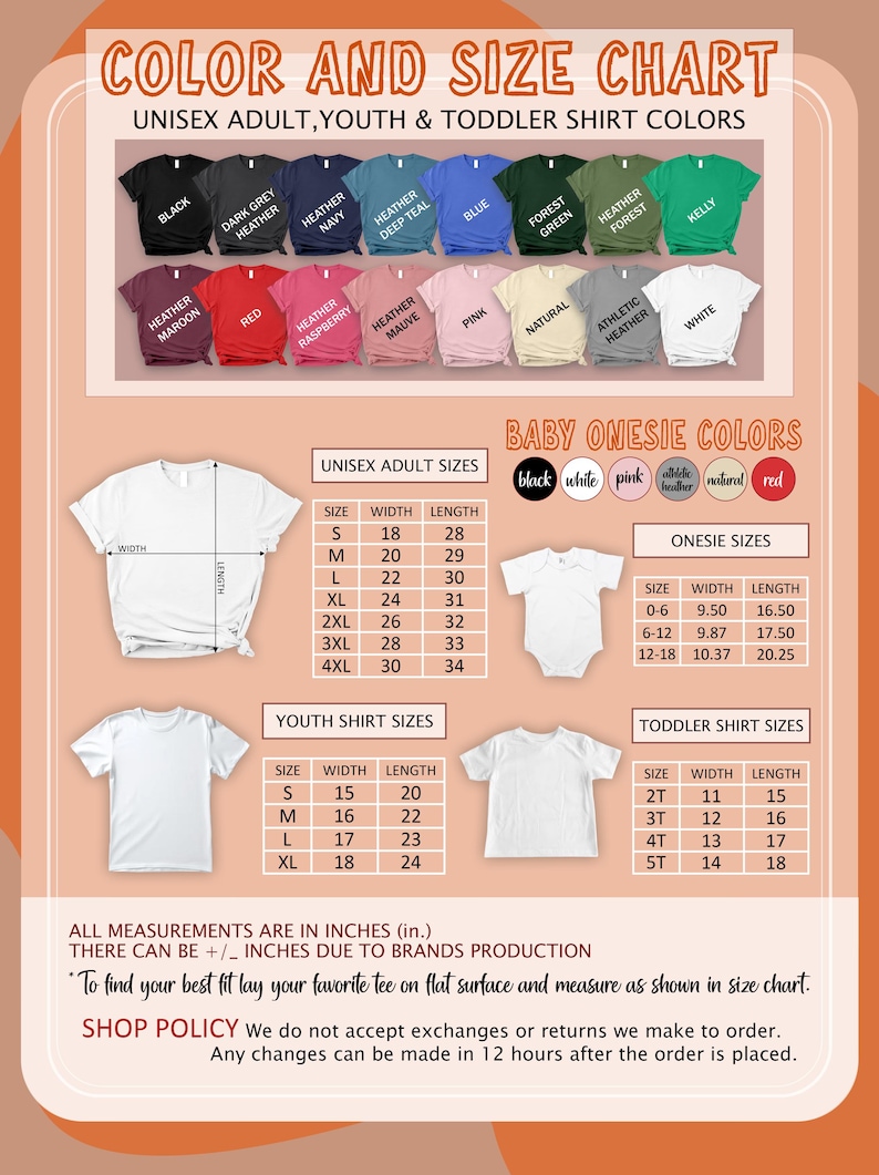 Puede incluir: Tabla de colores y tallas para camisetas unisex para adultos, j&oacute;venes y ni&ntilde;os peque&ntilde;os. Incluye tablas de tallas para adultos, j&oacute;venes y bodies para beb&eacute;s. Los colores de las camisetas incluyen negro, azul marino, rojo y rosa. Las medidas est&aacute;n en pulgadas.