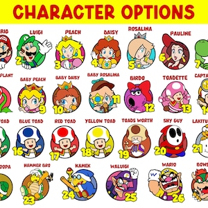 May include: A colorful illustration featuring various characters from the Mario video game series. The image includes Mario, Luigi, Peach, Daisy, Yoshi, and other characters, each in a circular frame with a number. The text "CHARACTER OPTIONS" is at the top.