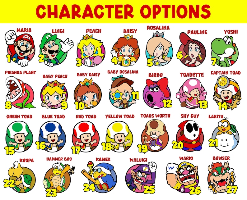 May include: A colorful illustration featuring various characters from the Mario video game series. The image includes Mario, Luigi, Peach, Daisy, Yoshi, and other characters, each in a circular frame with a number. The text "CHARACTER OPTIONS" is at the top.