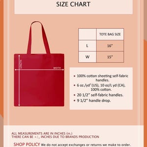 Może przedstawiać: Czerwona torba typu tote z tabelą rozmiar&oacute;w. Torba ma 40,6 cm długości i 38,1 cm szerokości. Posiada uchwyty z tkaniny o długości 52,1 cm i wysokość uchwytu 24,1 cm. Wykonana w 100% z bawełny.