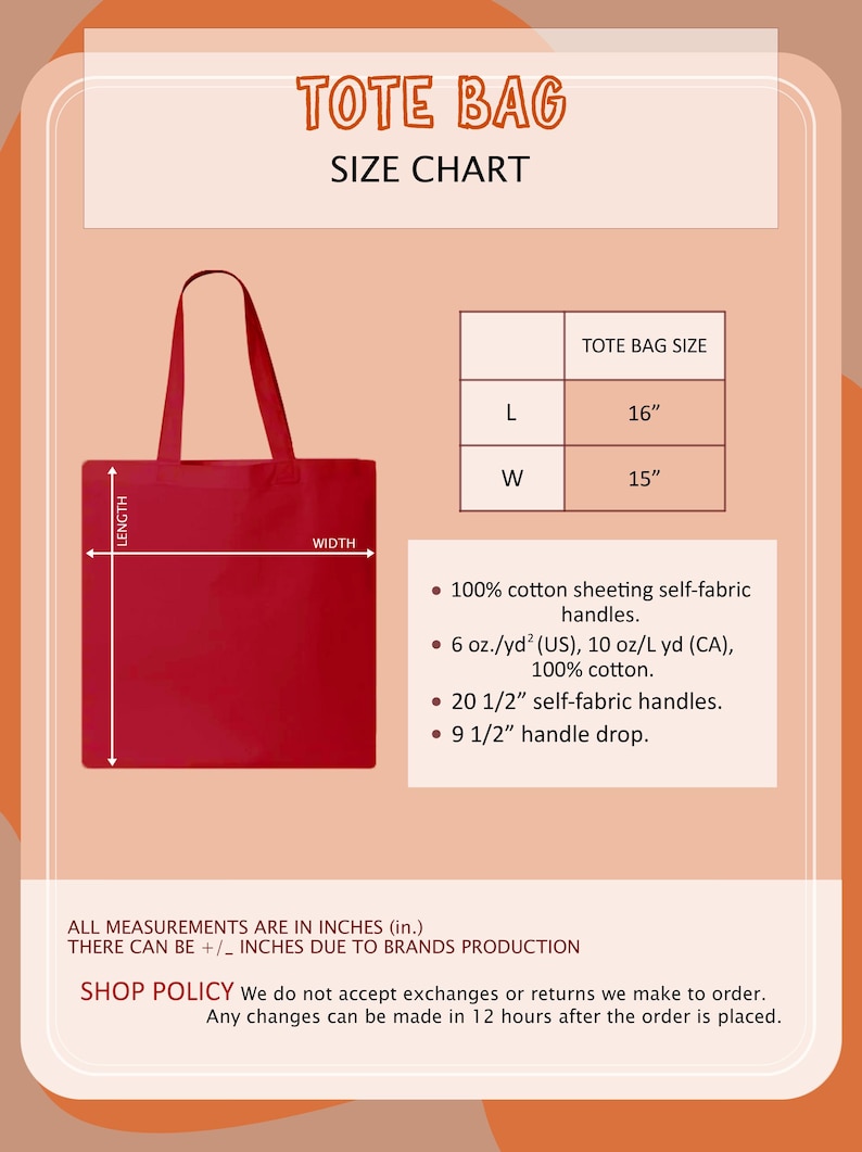 Może przedstawiać: Czerwona torba typu tote z tabelą rozmiar&oacute;w. Torba ma 40,6 cm długości i 38,1 cm szerokości. Posiada uchwyty z tkaniny o długości 52,1 cm i wysokość uchwytu 24,1 cm. Wykonana w 100% z bawełny.