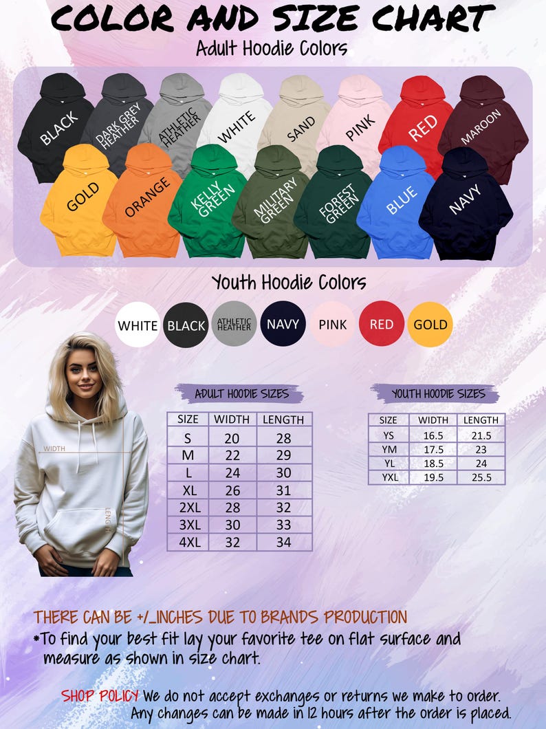May include: Color and size chart for adult and youth hoodies. The chart displays various hoodie colors, including black, white, and blue. Size charts are provided in inches for both adult and youth sizes, detailing width and length measurements.