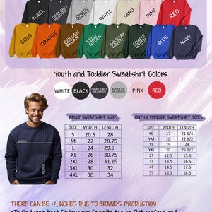 May include: Color and size chart for adult and youth sweatshirts. Includes a color palette with options like black, gold, orange, and navy. Size charts are provided in inches for both adult and youth sizes.